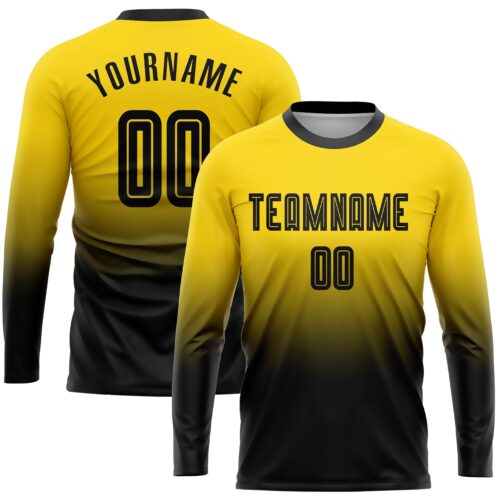 Soccer0388 Custom Gold Black Sublimation Long Sleeve Fade Fashion Soccer Uniform Jersey