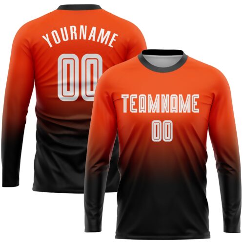 Soccer0391 Custom Orange White-Black Sublimation Long Sleeve Fade Fashion Soccer Uniform Jersey