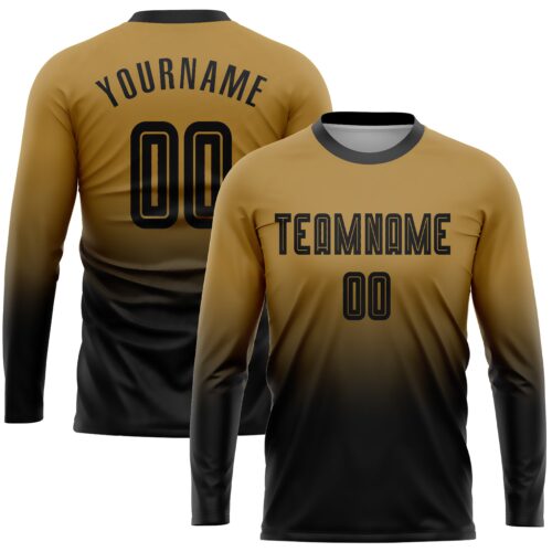 Soccer0393 Custom Old Gold Black Sublimation Long Sleeve Fade Fashion Soccer Uniform Jersey