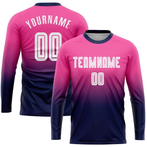 Soccer0414 Custom Pink White-Navy Sublimation Long Sleeve Fade Fashion Soccer Uniform Jersey