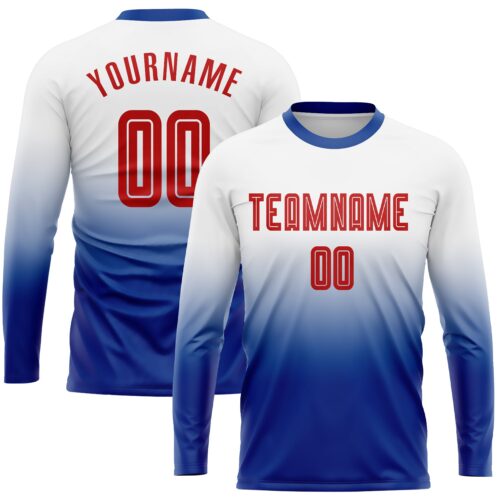Soccer0424 Custom White Red-Royal Sublimation Long Sleeve Fade Fashion Soccer Uniform Jersey