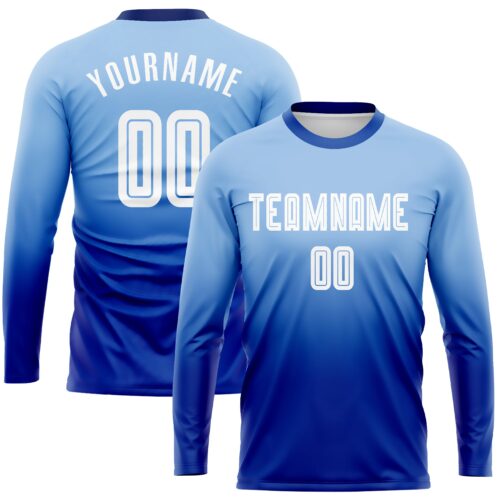 Soccer0428 Custom Light Blue White-Royal Sublimation Long Sleeve Fade Fashion Soccer Uniform Jersey