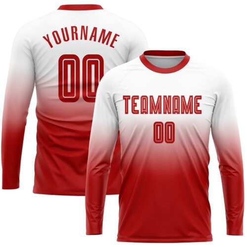 Soccer0439 Custom White Red Sublimation Long Sleeve Fade Fashion Soccer Uniform Jersey