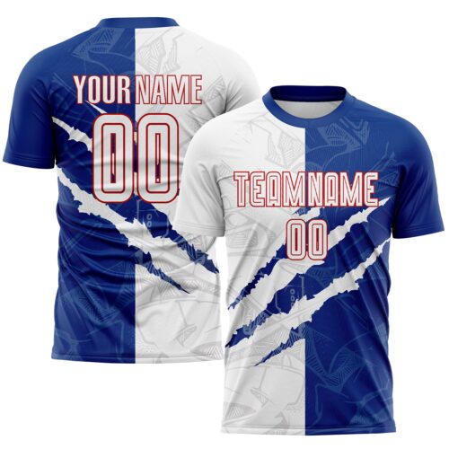 Soccer0776_4613da44-37bd-4cbc-8bc8-9e9cfb9ce899 Custom Graffiti Pattern White Royal-Red Scratch Sublimation Soccer Uniform Jersey