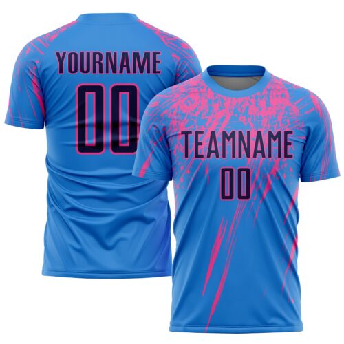 Soccer0858 Custom Powder Blue Navy-Pink Sublimation Soccer Uniform Jersey