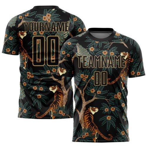 Soccer0869 Custom Black Old Gold Tiger And Peacock Sublimation Soccer Uniform Jersey
