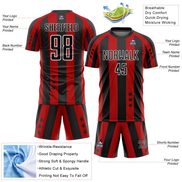 Custom Red Black-White Stars And Stripes Sublimation Soccer Uniform Jersey