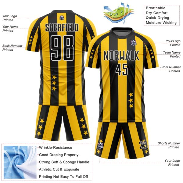 Custom Gold Black-White Stars And Stripes Sublimation Soccer Uniform Jersey