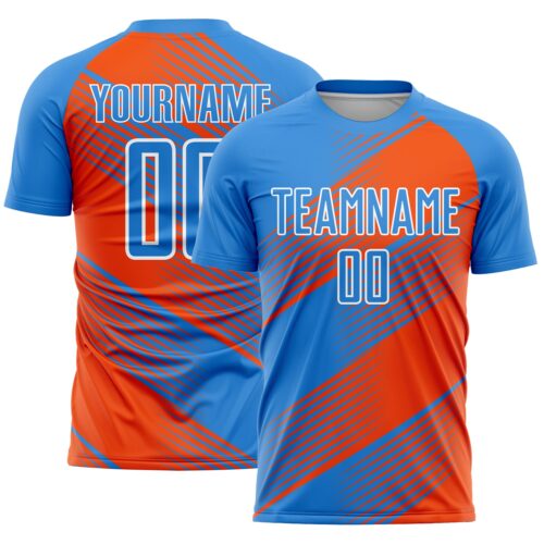 Soccer1526 Custom Powder Blue Orange-White Line Sublimation Soccer Uniform Jersey