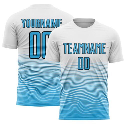 Custom White Sky Blue-Black Gradient Line Sublimation Soccer Uniform Jersey