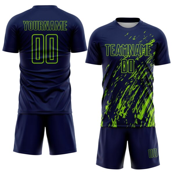 Custom Navy Neon Green Splash Sublimation Soccer Uniform Jersey