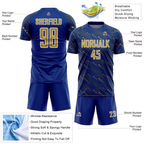 Custom Royal Old Gold-White Slant Lines Sports Sublimation Soccer Uniform Jersey