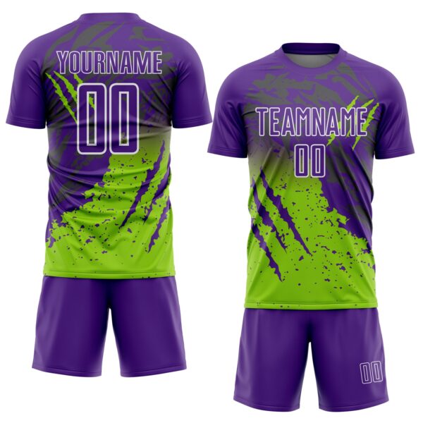 Custom Purple White-Neon Green Gradient Claw Mark Splatter Sports Sublimation Soccer Uniform Jersey