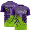 Custom Purple White-Neon Green Gradient Claw Mark Splatter Sports Sublimation Soccer Uniform Jersey
