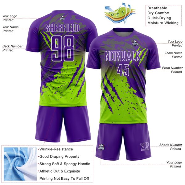 Custom Purple White-Neon Green Gradient Claw Mark Splatter Sports Sublimation Soccer Uniform Jersey