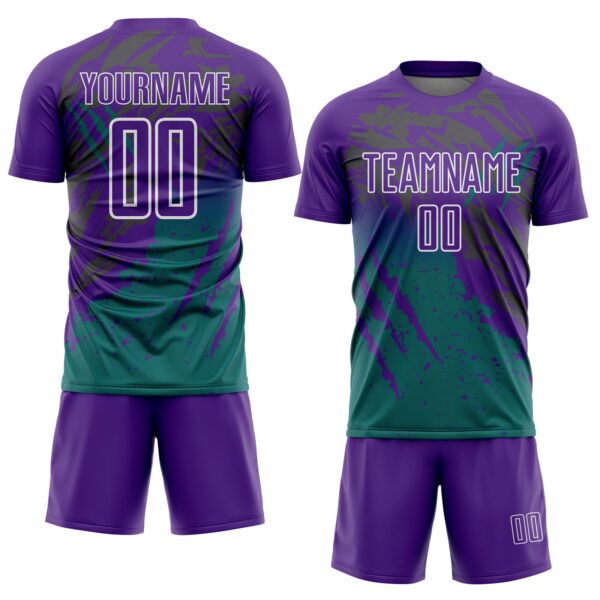 Custom Purple White-Teal Gradient Claw Mark Splatter Sports Sublimation Soccer Uniform Jersey