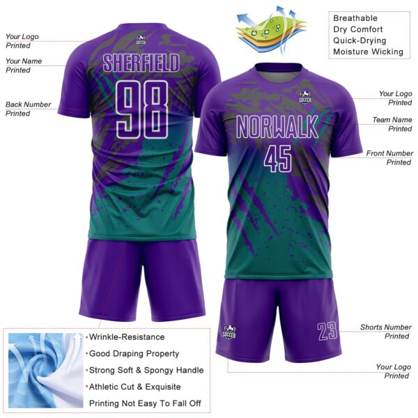 Custom Purple White-Teal Gradient Claw Mark Splatter Sports Sublimation Soccer Uniform Jersey