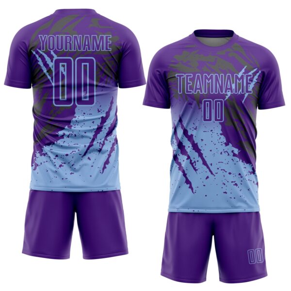 Custom Purple Light Blue Gradient Claw Mark Splatter Sports Sublimation Soccer Uniform Jersey
