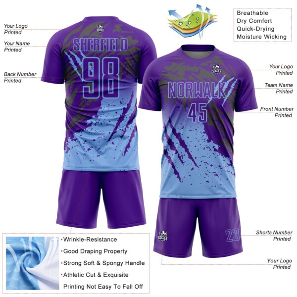 Custom Purple Light Blue Gradient Claw Mark Splatter Sports Sublimation Soccer Uniform Jersey