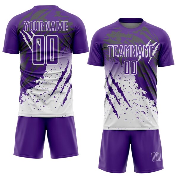 Custom Purple White Gradient Claw Mark Splatter Sports Sublimation Soccer Uniform Jersey