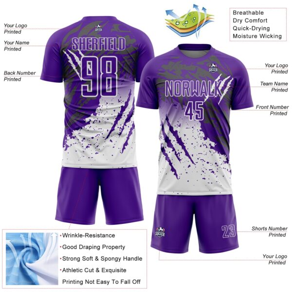 Custom Purple White Gradient Claw Mark Splatter Sports Sublimation Soccer Uniform Jersey