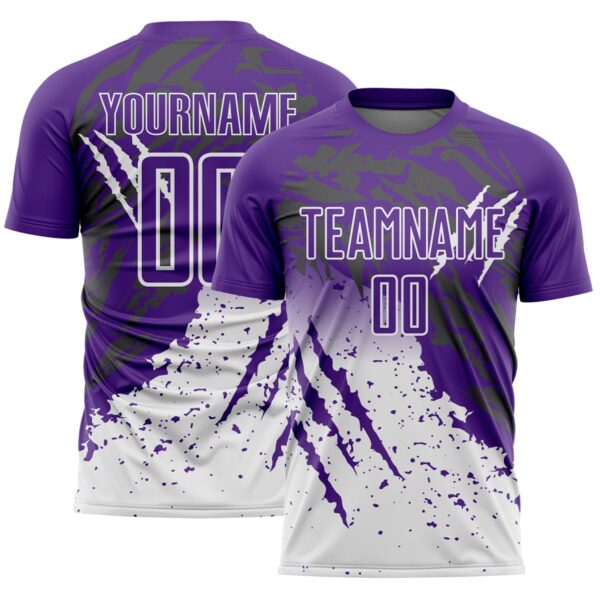 Custom Purple White Gradient Claw Mark Splatter Sports Sublimation Soccer Uniform Jersey