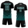 Custom Black Teal-White Gradient Wave Line Sports Sublimation Soccer Uniform Jersey