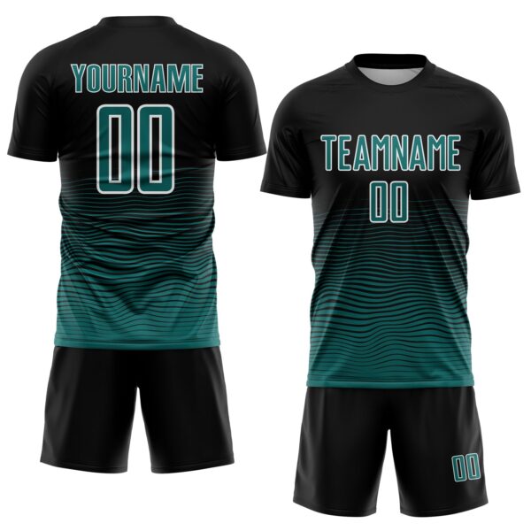 Custom Black Teal-White Gradient Wave Line Sports Sublimation Soccer Uniform Jersey