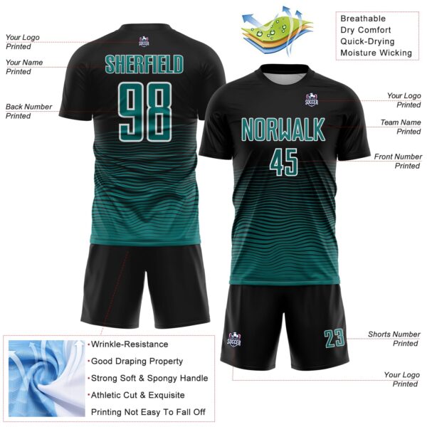 Custom Black Teal-White Gradient Wave Line Sports Sublimation Soccer Uniform Jersey