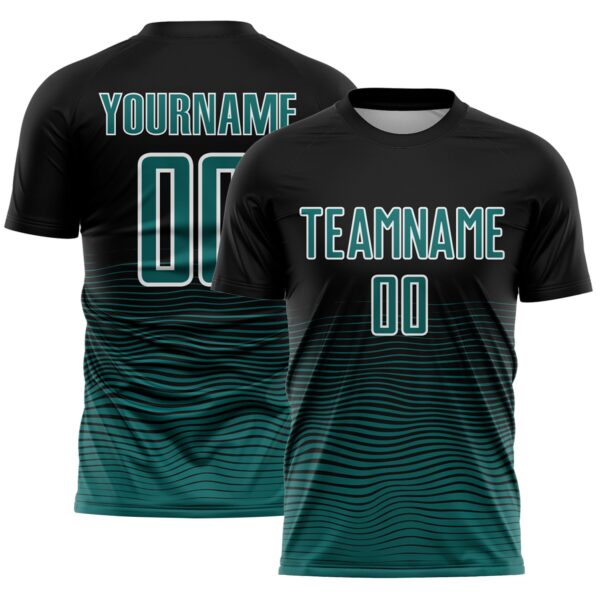 Custom Black Teal-White Gradient Wave Line Sports Sublimation Soccer Uniform Jersey