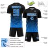 Custom Black Powder Blue-White Gradient Wave Line Sports Sublimation Soccer Uniform Jersey