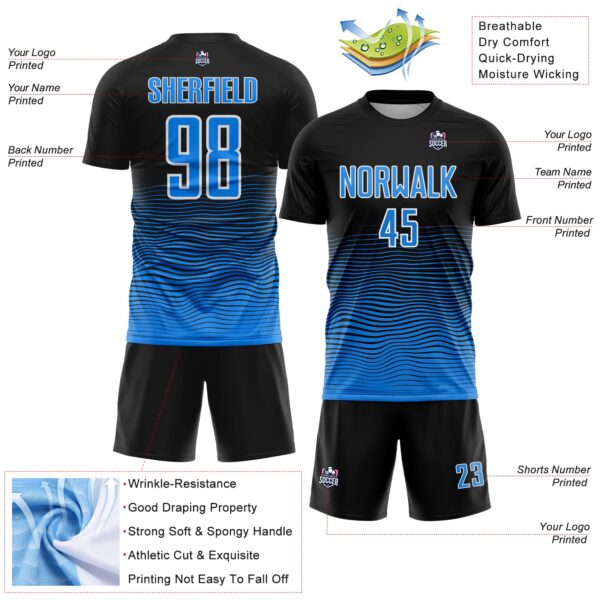 Custom Black Powder Blue-White Gradient Wave Line Sports Sublimation Soccer Uniform Jersey