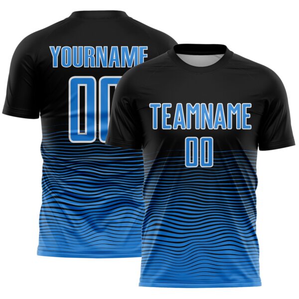 Custom Black Powder Blue-White Gradient Wave Line Sports Sublimation Soccer Uniform Jersey