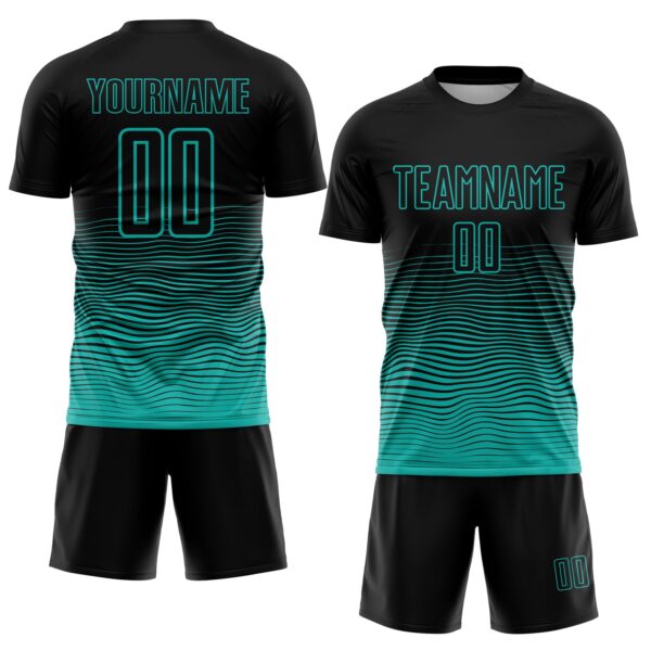 Custom Black Aqua Gradient Wave Line Sports Sublimation Soccer Uniform Jersey