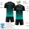 Custom Black Aqua Gradient Wave Line Sports Sublimation Soccer Uniform Jersey