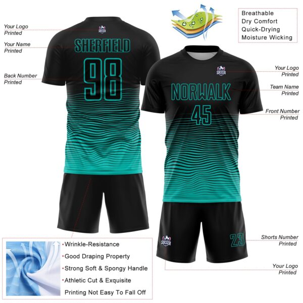 Custom Black Aqua Gradient Wave Line Sports Sublimation Soccer Uniform Jersey