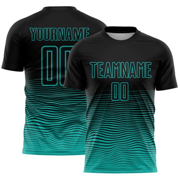 Custom Black Aqua Gradient Wave Line Sports Sublimation Soccer Uniform Jersey