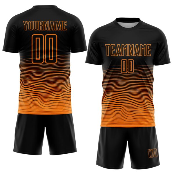 Custom Black Bay Orange Gradient Wave Line Sports Sublimation Soccer Uniform Jersey