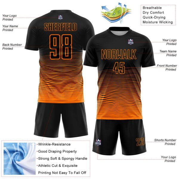 Custom Black Bay Orange Gradient Wave Line Sports Sublimation Soccer Uniform Jersey