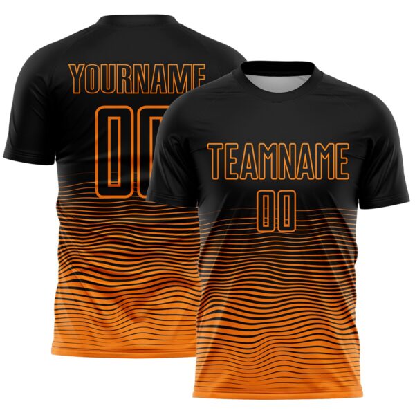 Custom Black Bay Orange Gradient Wave Line Sports Sublimation Soccer Uniform Jersey