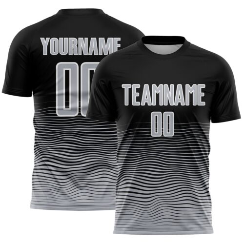 Custom Black Gray-White Gradient Wave Line Sports Sublimation Soccer Uniform Jersey