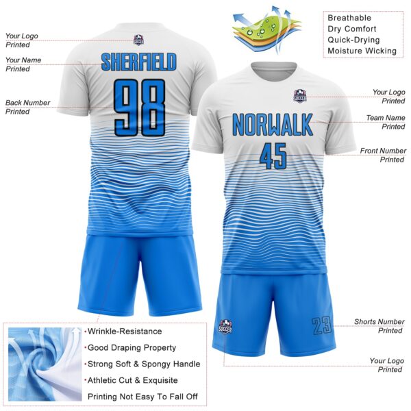 Custom White Powder Blue-Black Gradient Wave Line Sports Sublimation Soccer Uniform Jersey