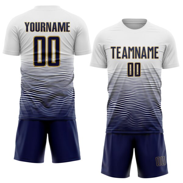 Custom White Navy-Old Gold Gradient Wave Line Sports Sublimation Soccer Uniform Jersey