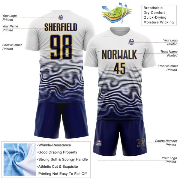 Custom White Navy-Old Gold Gradient Wave Line Sports Sublimation Soccer Uniform Jersey