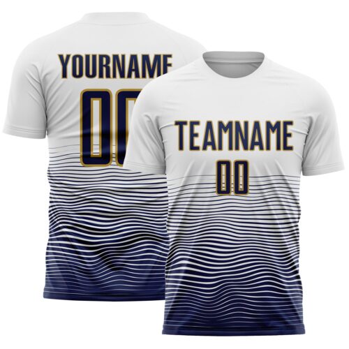 Custom White Navy-Old Gold Gradient Wave Line Sports Sublimation Soccer Uniform Jersey