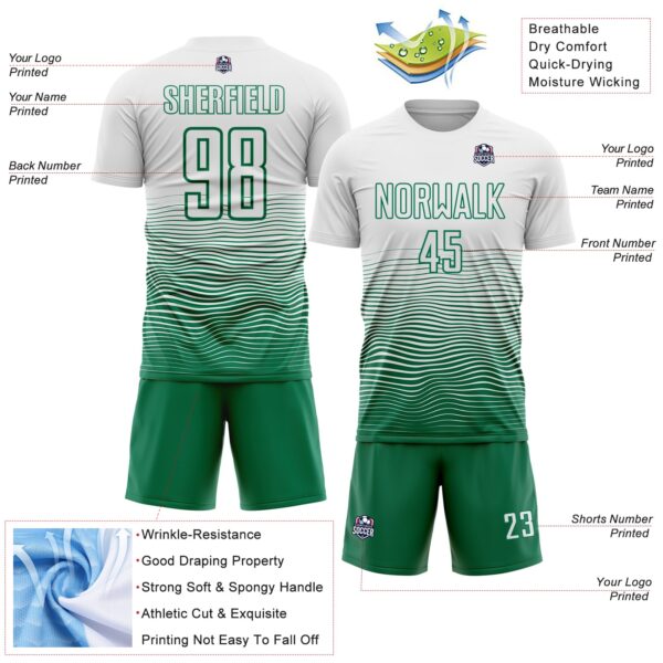 Custom White Kelly Green Gradient Wave Line Sports Sublimation Soccer Uniform Jersey