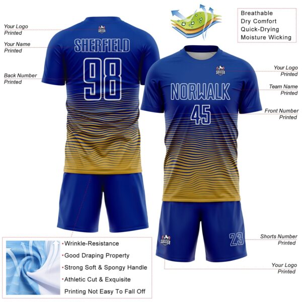 Custom Royal White-Old Gold Gradient Wave Line Sports Sublimation Soccer Uniform Jersey