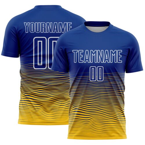 Custom Royal White-Yellow Gradient Wave Line Sports Sublimation Soccer Uniform Jersey