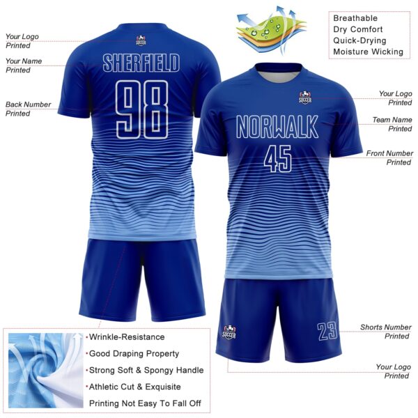 Custom Royal White-Light Blue Gradient Wave Line Sports Sublimation Soccer Uniform Jersey
