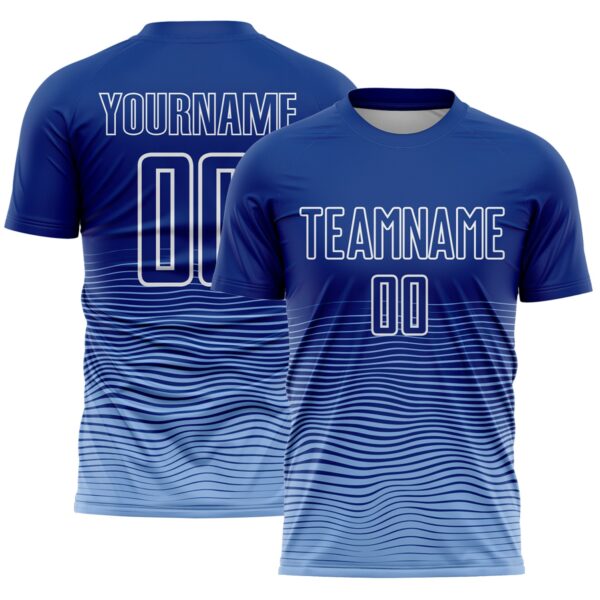 Custom Royal White-Light Blue Gradient Wave Line Sports Sublimation Soccer Uniform Jersey